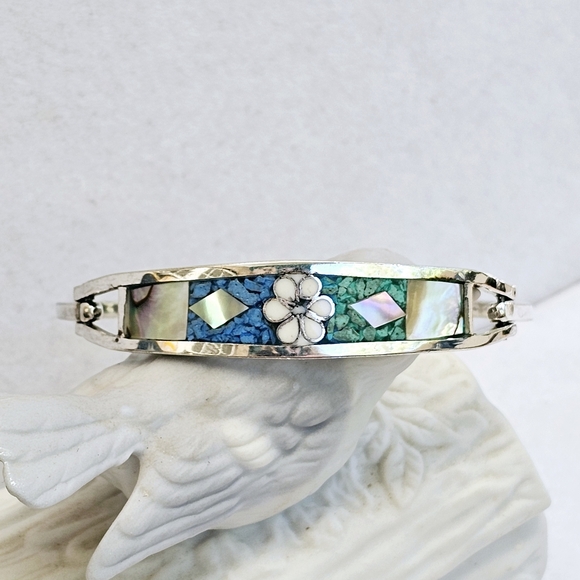 Jewelry - Mexico 925 Inlaid Gemstone Hinged Bracelet Michoan 925